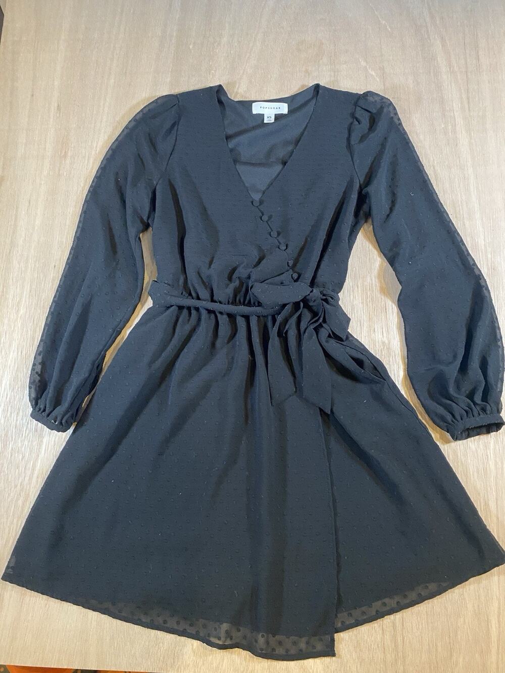 POPSUGAR Women's V-Neck Wrap Dress with Sheer Sleeves Polka Dot Black Size XS